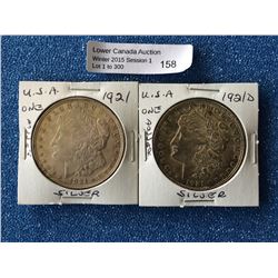 USA Silver morgan dollar 1921 and 1921d with die crack