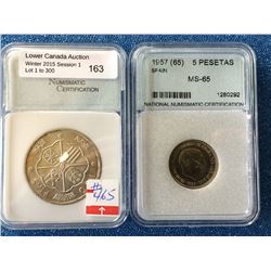 Spain 5 Pesetas 1957 (65); NNC certified MS-65 and 100 Pesetas 1966 (66); NNC certified MS-65. Lot o