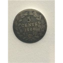 Netherlands 5 Cents 1869; NNC certified AU-55. KM# 91.