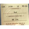 Image 4 : Canada one cent 1938 red MS-64 ICCS