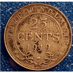 Newfoundland 25 cents 1919C in Fine 15.