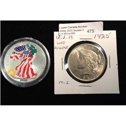 USA  Silver Peace dollar 1925 and Usa 2000 1 oz painted silver eagle