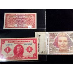 Belgium 5 Francs 1943 VF, Netherlands 1 Gulden 1943 VF and 1 Irish Hospital Sweepstake Ticket comple