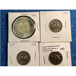 5 cents 1948 x 3 F-12, VF-20 and VF-30 plus silver dollar 1966 Large Beads UNC. Lot of 4 coins.