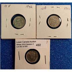 Newfoundland 10 cents 1941C EF-40, 1942C EF-40 and 1943C VF-30. Lot of 3 coins.