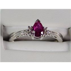 14 K WHITE GOLD LAB CREATED RUBY AND DIAMOND RING. SIZE 7. WHAT A SWEET PEAR