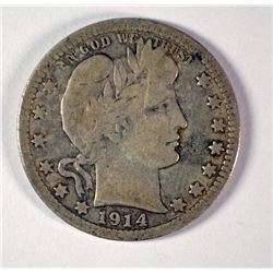 1914-S BARBER QUARTER, ABOUT FINE,  KEY COIN