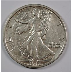 1917-D OBVERSE WALKING LIBERTY HALF DOLLAR, AU-58  RARE COIN!