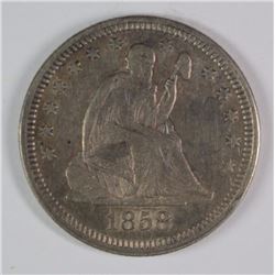 1858 SEATED QUARTER, AU/UNC