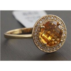 14K Yellow Gold Faceted Round Citrine & Diamonds Cocktail Ring - Size 6.5