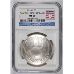 2014 P NGC MS69 UNC SILVER DOLLAR NATIONAL BASEBALL HALL OF FAME LABEL