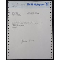 HANK AARON AUTOGRAPHED WESTERN UNION MAILGRAM *Congrats on Hitting Number "715"
