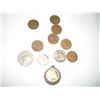 LOT OF 11 TOTAL ASSORTED COINS & PENDANT WITH GOLD COLORED GOIN IN IT-WHEAT PENNIES/NICKEL/WORLD COI