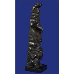 Finely Carved Argillite Totem with Frog, Raven and Bear 7 3/4" H. Fair Condition Loss to Bear L…