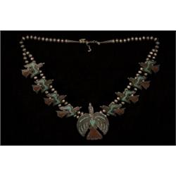 Silver Bead with Turquoise and Silver Birds Squash Blossom Necklace by D. Singer Fine Condition…