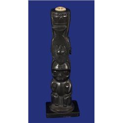 Early Carved Argillite Bear, Raven, Salmon, Frog, Halibut and Human Totem ca. 1900 11  H. 3 1/2 …