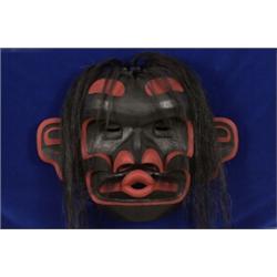 Carved Dzunukwa Mask with Horsehair by Sean Hinton 26  W. 19  H. Fine Condition…
