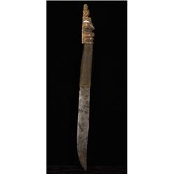 19TH C. Carved Bone Knife Handle of Chief Holding Copper with Abalone Inlay on Later Blade 16 1/…