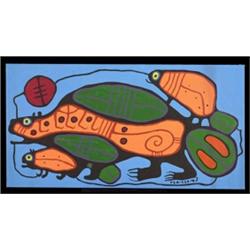 Norval Morrisseau Original Painting on Canvas of Beaver Family 52"x 27" Fine Condition…