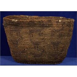 Old 19TH C. Chilcotin Burden Basket with Bird and Animal Imbrication and Bird Quill Work 14" L. 9…