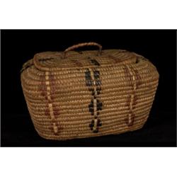 Old Thompson River Coiled and Lidded Trinket Basket ca. 1900 8 1/2  L. 6  H. 6  W. Good Conditi…