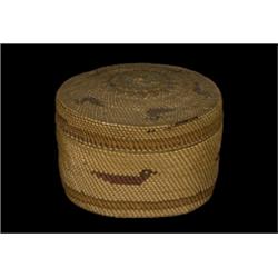 Nuu-chah-nulth Lidded Basket with Bird Motif 3 3/4" D. 2 1/2" H. Fine Condition…
