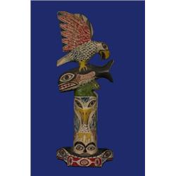 Henry Tate Carved and Painted Totem Eagle, Whale, Frog and Raven on Frog Bowl Base ca. 1923 13 1…