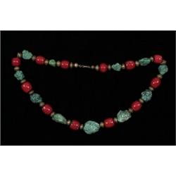 Navajo Ox Blood Coral, Silver and Turquoise Nugget Necklace…