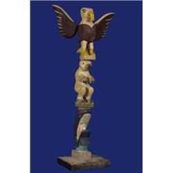 West Coast Carved and Painted Eagle, Bear and Whale Totem ca. 1920 18" H. Good Condition with R…