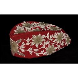 Ojibway Beaded Cap Red Trade Cloth Black Ribbon Trim ca. 1870 Good Condition…