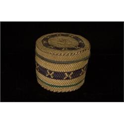 Nuu-chah-nulth Circular Lidded Basket with " X" Design in Blue Band Ex. Brenchley Family Collect…