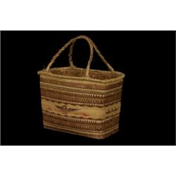 Nuu-chah-nulth Double Woven Carry Basket with Eagle and Canoe Design 14" L. 9 1/2" H. 7" W. Fair…