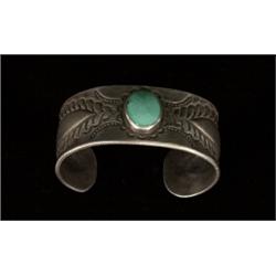 Fine Old Navajo Stamped Heavy Coin Silver and Turquoise Bracelet ca. 1940 Minor Chip in Stone…