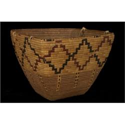 Fine Old Imbricated Thompson River Burden Basket with Leather Handles 12" L. 11" W. 8 3/4" H. Go…