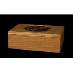 Wood Box with Leather Insignia by Stevens 9 3/4"x 7 3/4"x 3 3/4" Good Condition…