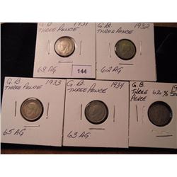 1931,32,33,34 & 1938 GREAT BRITAIN SILVER 3 PENCE