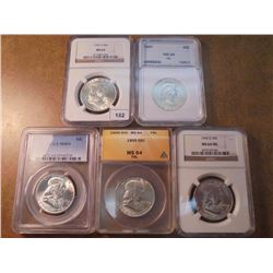 5 SLABBED FRANKLIN HALF DOLLARS SEE DESCRIPTION 1953-S NGC MS65, 1957 NNC, 1957 PCGS MS64, 1959 ANAC