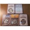Image 1 : 5 SLABBED FRANKLIN HALF DOLLARS SEE DESCRIPTION 1953-S NGC MS65, 1957 NNC, 1957 PCGS MS64, 1959 ANAC