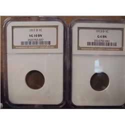 1911-D VG-10BN & 1913-D G6BN LINCOLN CENTS BOTH IN NGC SLABS