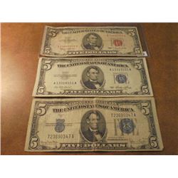 $5 CURRENCY LOT SEE DESCRIPTION 1934-D SILVER CERTIFICATE BLUE SEAL, 1953 SILVER CERTIFICATE BLUE SE