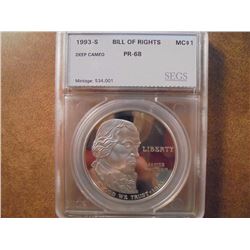 1993-S BILL OF RIGHTS SILVER DOLLAR SEGS SLAB