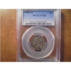 1943-S 35% SILVER JEFFERSON WAR NICKEL PCGS VF30