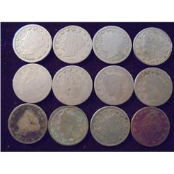 12 ASSORTED 1900'S LIBERTY "V" NICKELS