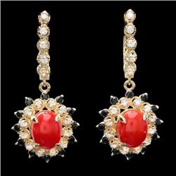14k Gold 5.00ct Coral 1.10ct Diamond Earrings