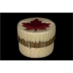 Birch Bark and Porcupine Quill Basket with Maple Leaf Design 3" D. 2 1/4" H. Fine Condition…