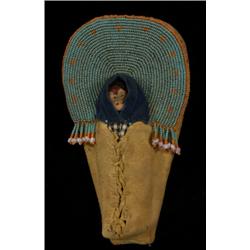 Old Plateau Beaded Buckskin Toy Doll Cradle with Doll 7 1/4" L. 4" W. Fine Condition…
