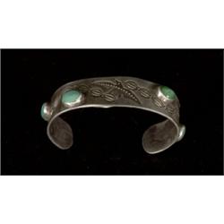 Navajo Stamped Heavy Coin Silver and Cerrillos Turquoise Bracelet…
