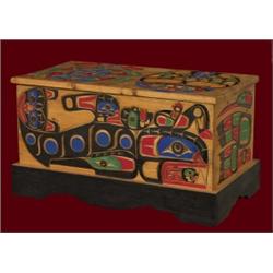 Kwakiutl Carved Blanket Box by Jimmy Joseph with Sisiutl, Killer Whale, Sun, Raven and Wolf with…