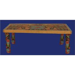 Kwakiutl Carved Double Headed Raven Coffee Table with Abalone Inlay 43"x 24" 16" H. Fine Conditi…