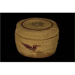 Nuu-chah-nulth Lidded Basket with Duck Design 3 1/2 D. 2 1/4" H. Minor Split and Staining…